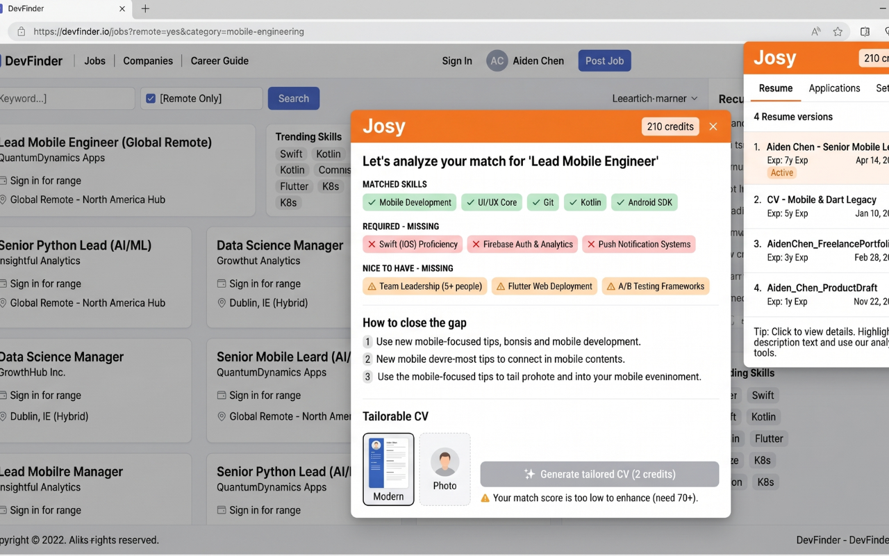 Josy analyzing a Lead Mobile Engineer job on DevFinder